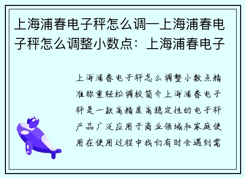 上海浦春电子秤怎么调—上海浦春电子秤怎么调整小数点：上海浦春电子秤：精准称重，轻松调校